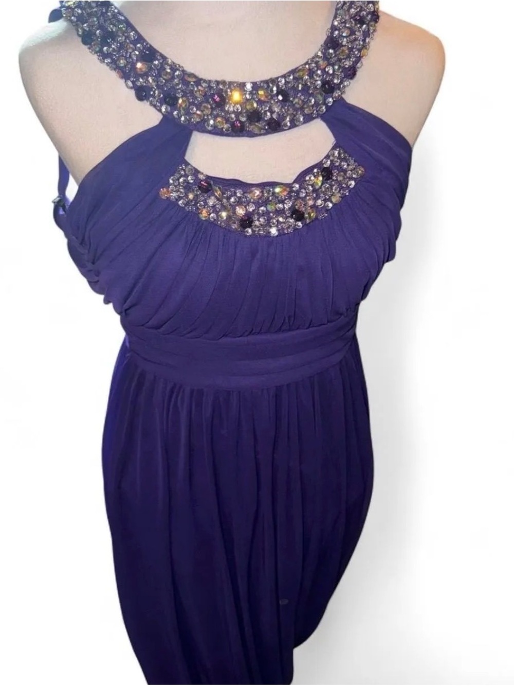 Jodi Kristopher Beaded Halter Purple Prom Dress